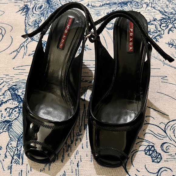 Prada Glossy Black Peep-Toe Heels - Picture 1 of 4
